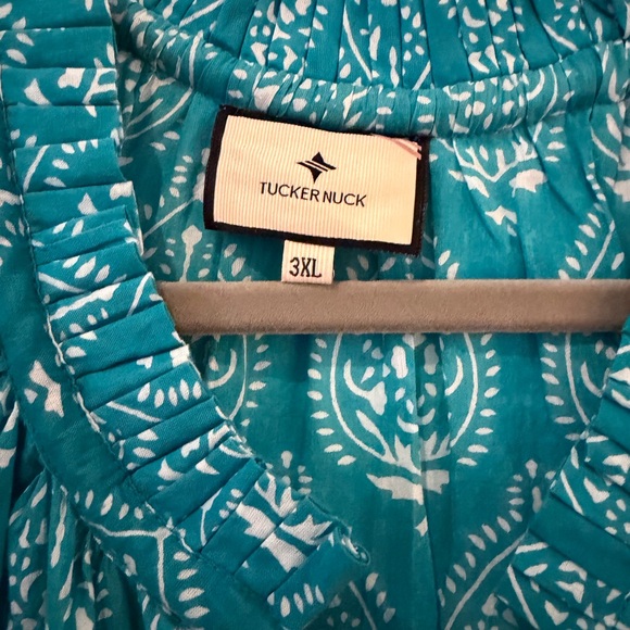 Tuckernuck Tropical Teal Lantern Block Print Tie Neck Dress - Picture 6 of 7